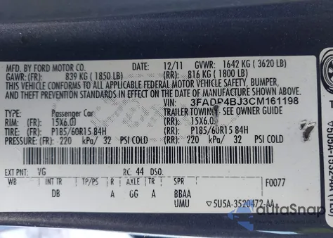 2012 Ford Fiesta Se from USA, damaged, VIN 3FADP4BJ3CM161198